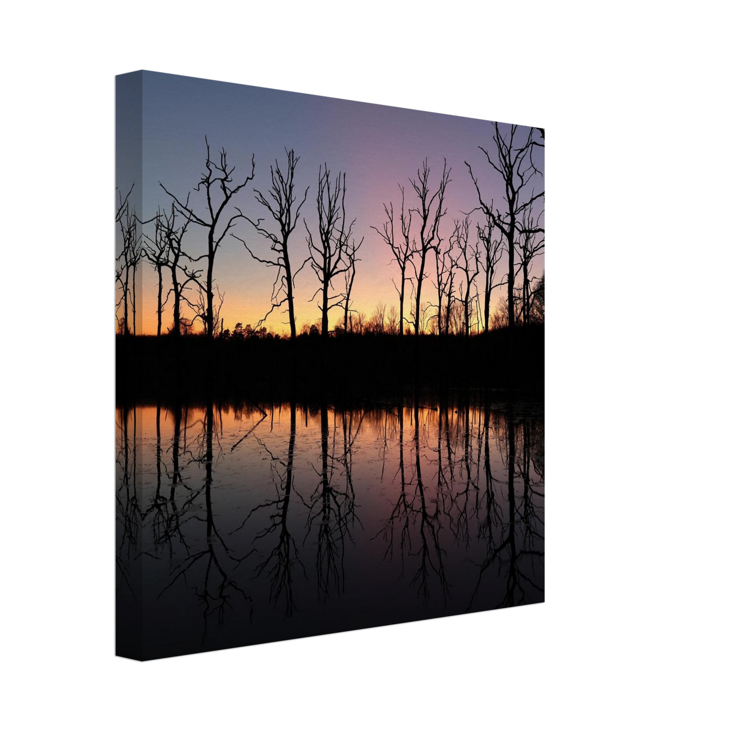 Wandbild sonnenuntergang ueber spiegelndem see magische naturlandschaft mit silhouetten