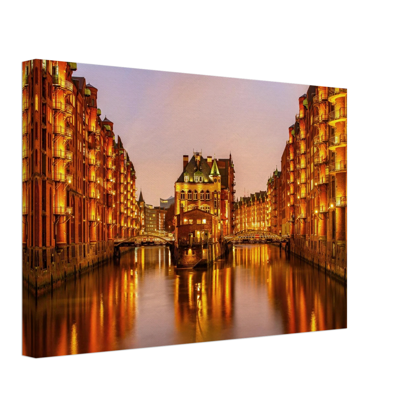 Wandbild speicherstadt hamburg bei daemmerung atmosphaerisches stadtbild als kunstdruck in ihrer wunschgroesse