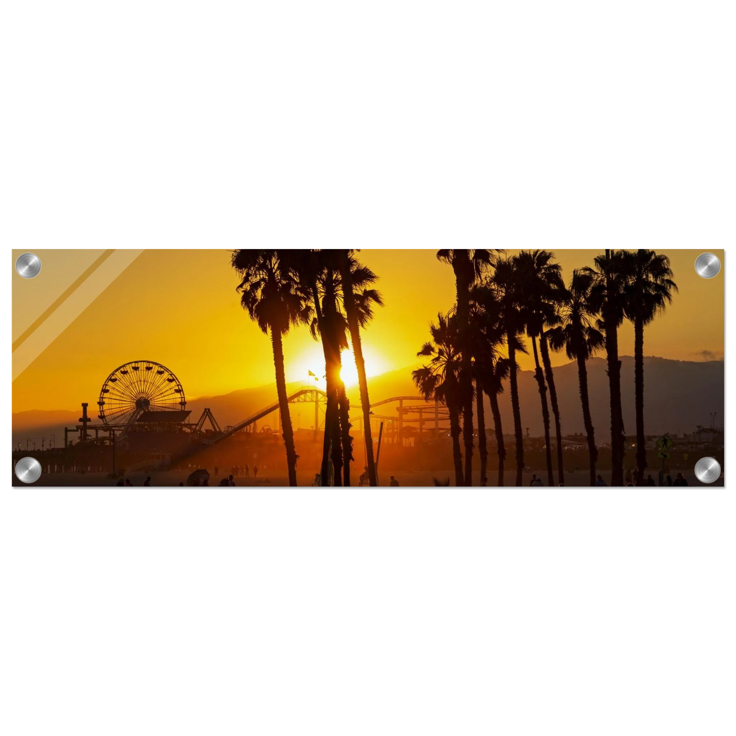 Wandbild sonnenuntergang am santa monica pier kalifornische palmen und riesenrad bei goldenem licht