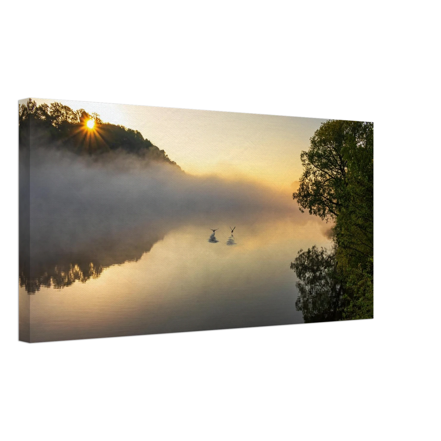Wandbild mystischer sonnenaufgang ueber dem nebelmeer stille wasser voegel leinwandbild fuer ihr zuhause