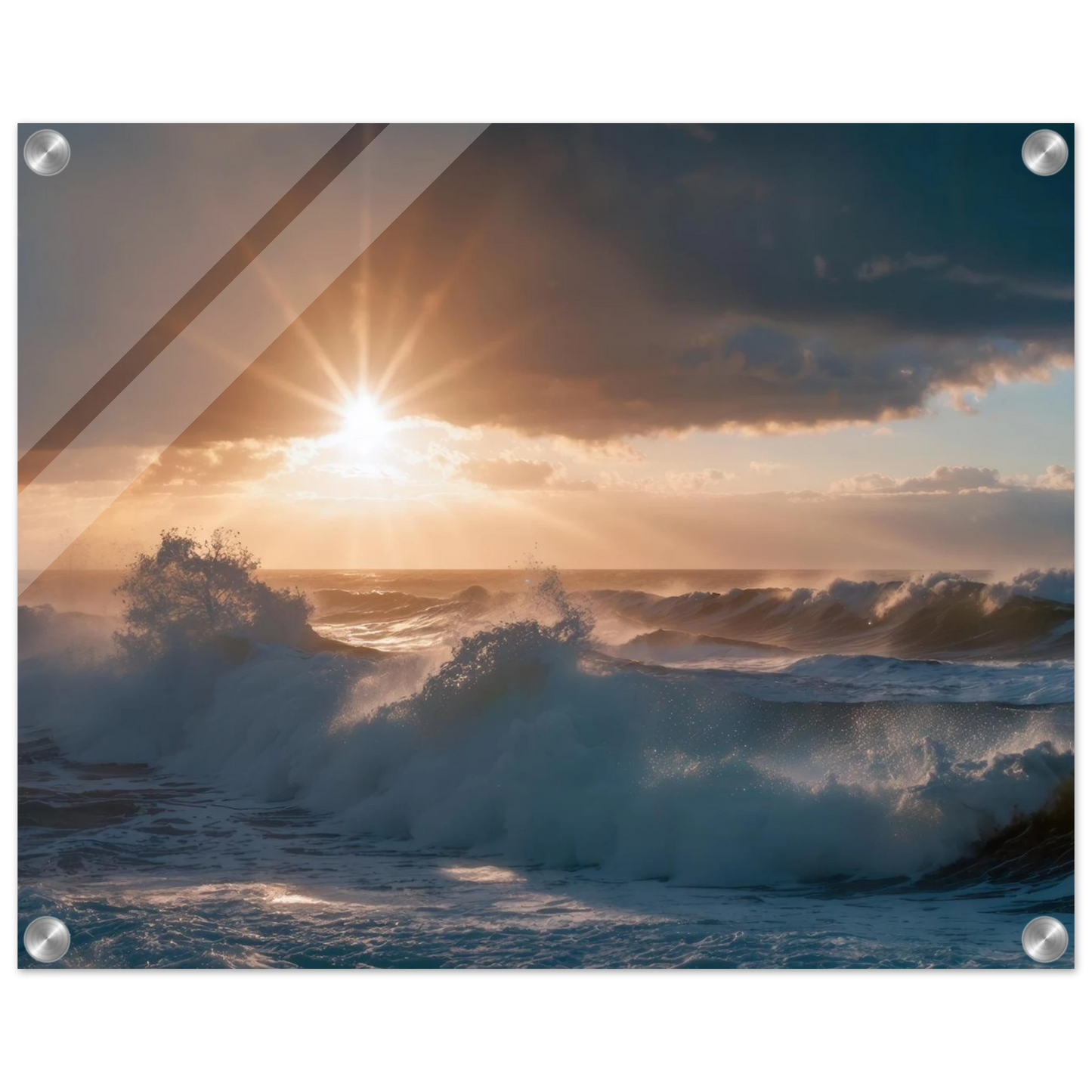 Wandbild dramatischer sonnenuntergang ueber stuermischen wellen ozean leinwanddruck in ihrer wunschgroesse