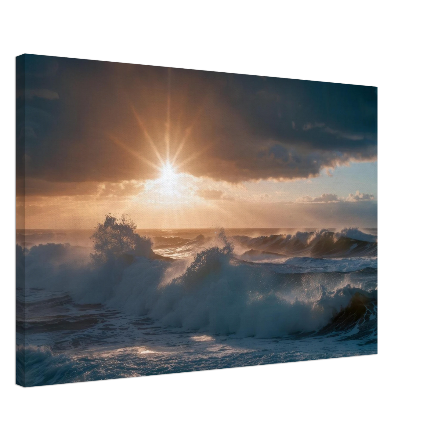 Wandbild dramatischer sonnenuntergang ueber stuermischen wellen ozean leinwanddruck in ihrer wunschgroesse