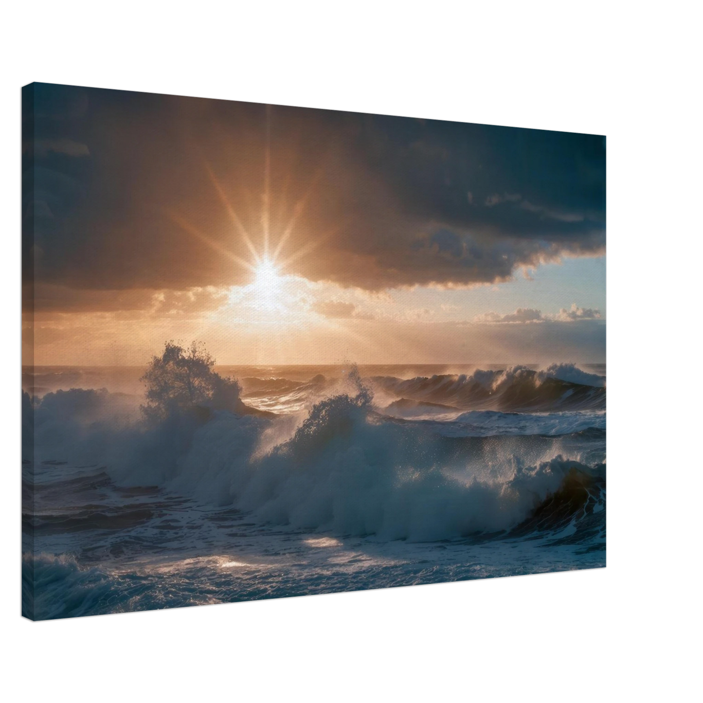 Wandbild dramatischer sonnenuntergang ueber stuermischen wellen ozean leinwanddruck in ihrer wunschgroesse