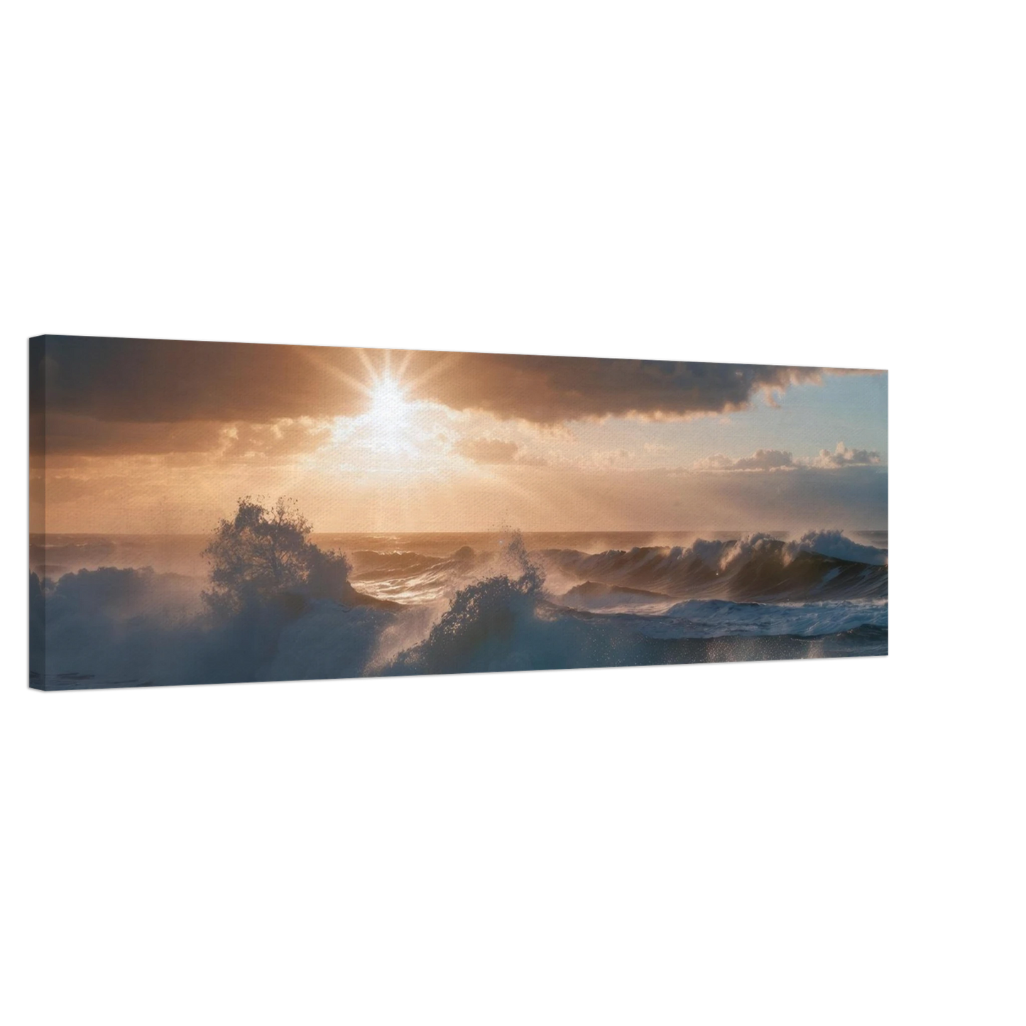Wandbild dramatischer sonnenuntergang ueber stuermischen wellen ozean leinwanddruck in ihrer wunschgroesse