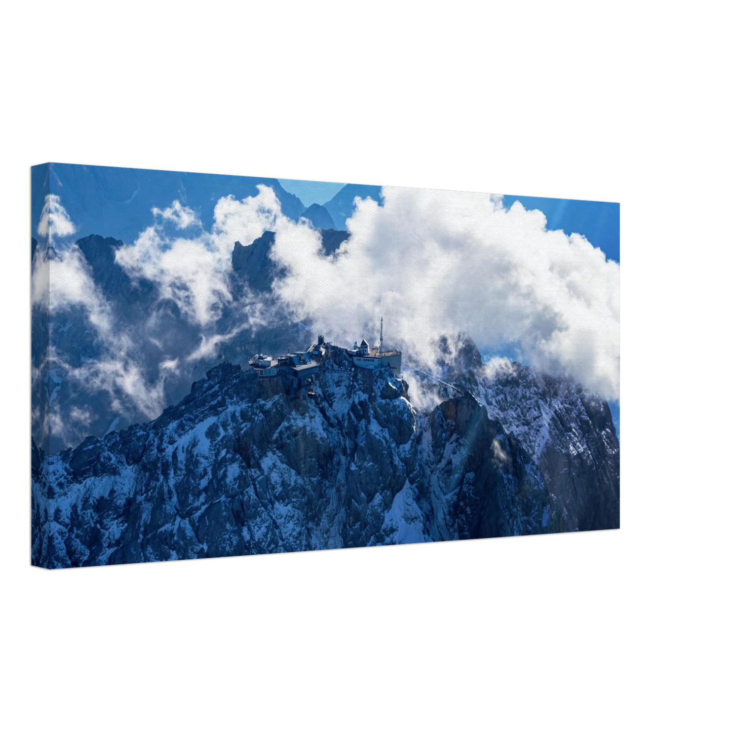 Wandbild alpine majesty gipfelstation im wolkenmeer mit blauen bergsilhouetten