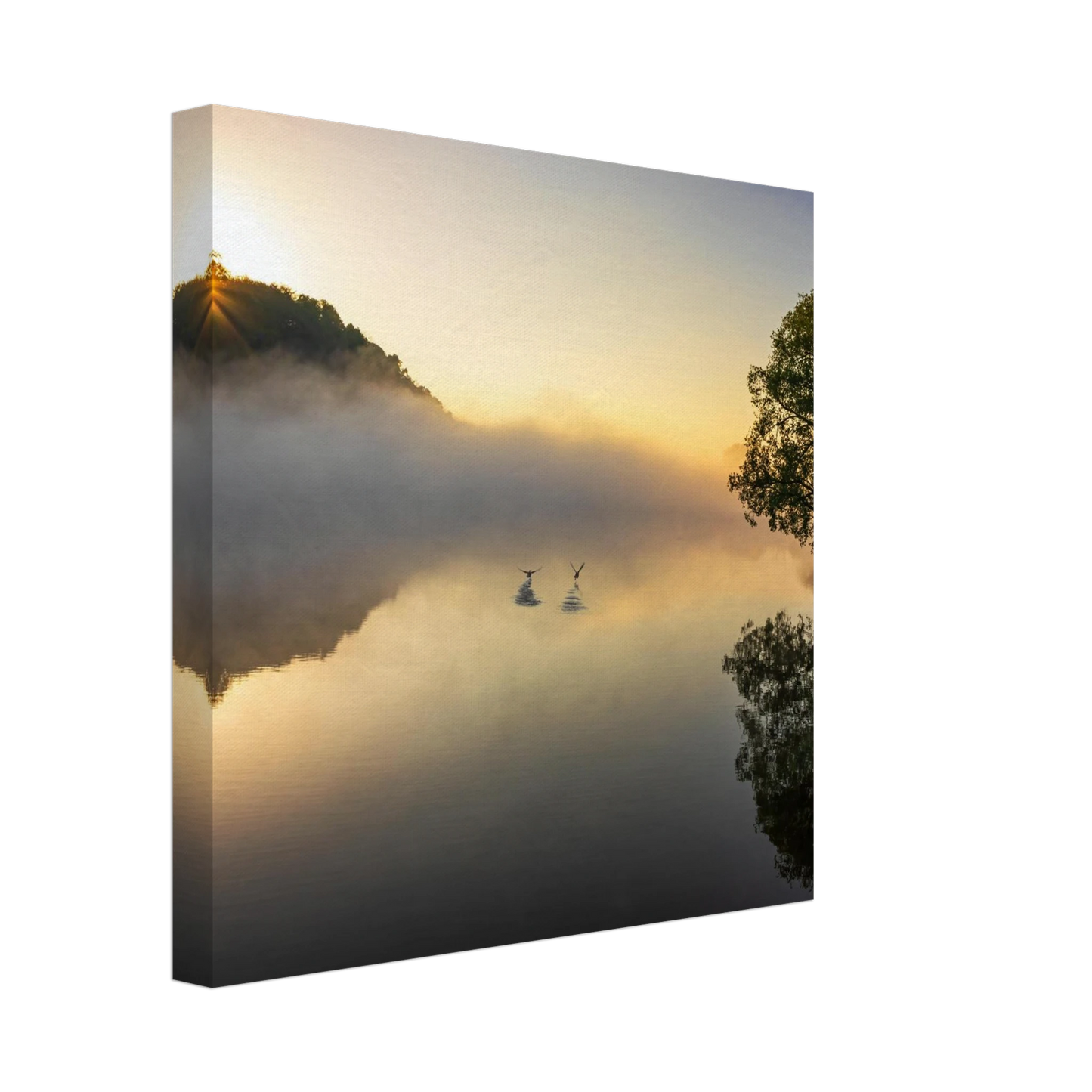 Wandbild mystischer sonnenaufgang ueber dem nebelmeer stille wasser voegel leinwandbild fuer ihr zuhause