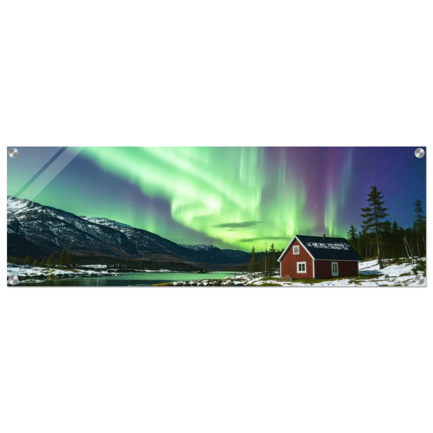 Wandbild nordlichter gemuetliche huette majestaetisches kunstwerk in lebendigen gruentoenen