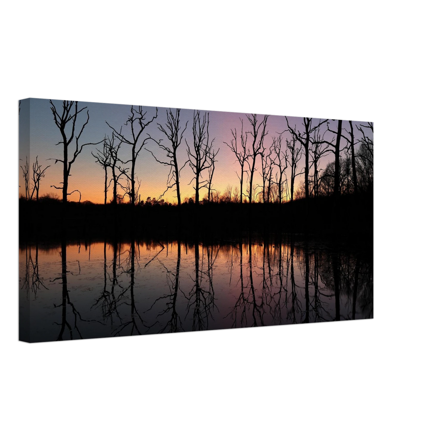 Wandbild sonnenuntergang ueber spiegelndem see magische naturlandschaft mit silhouetten