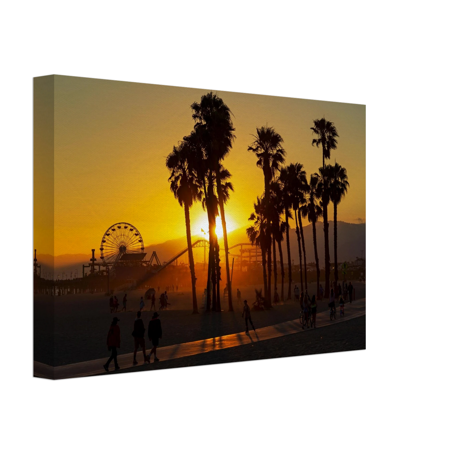 Wandbild sonnenuntergang am santa monica pier kalifornische palmen und riesenrad bei goldenem licht