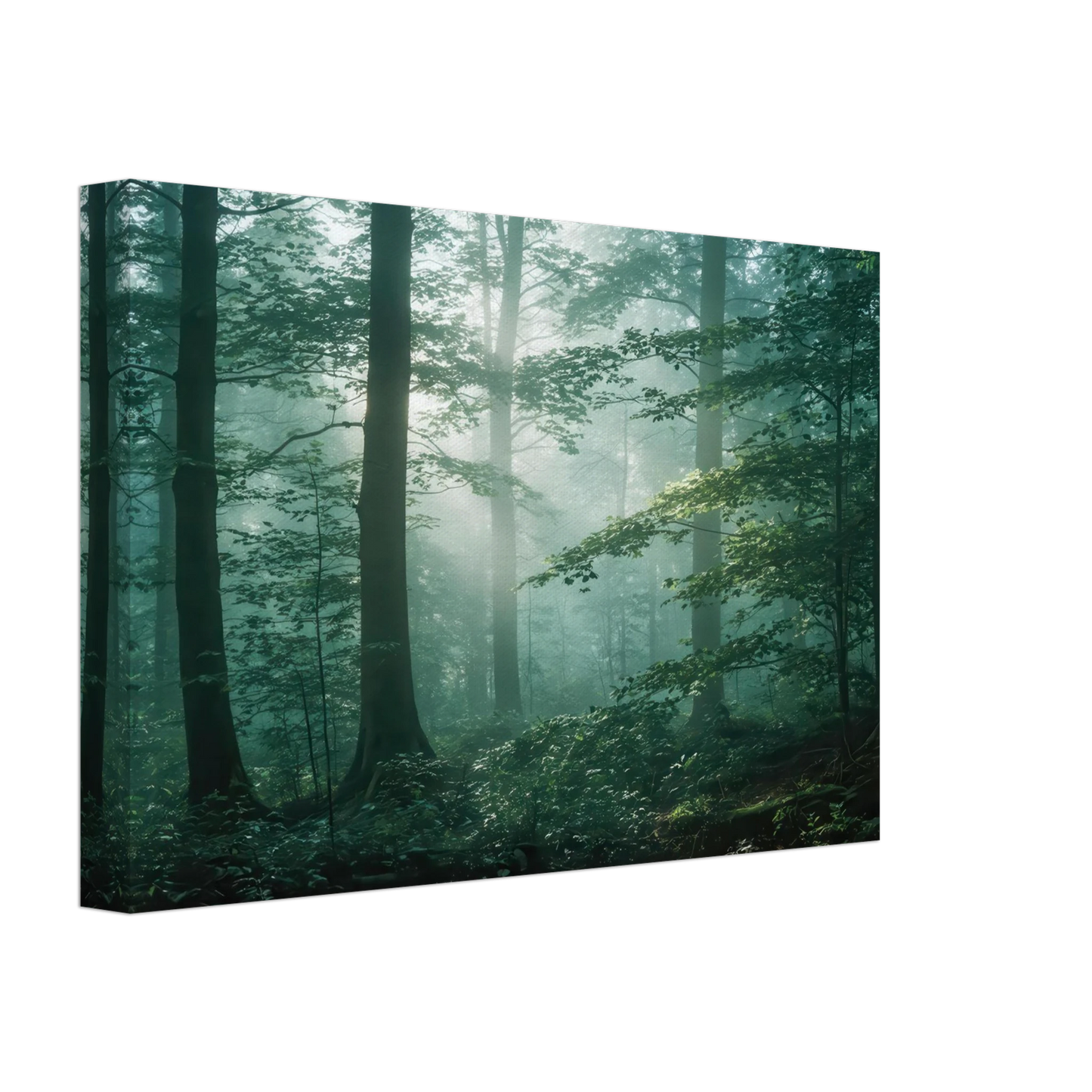 Wandbild mystischer smaragd wald mit sonnenstrahlen beruhigende nebelwald kunst in ihrer wunschgroesse