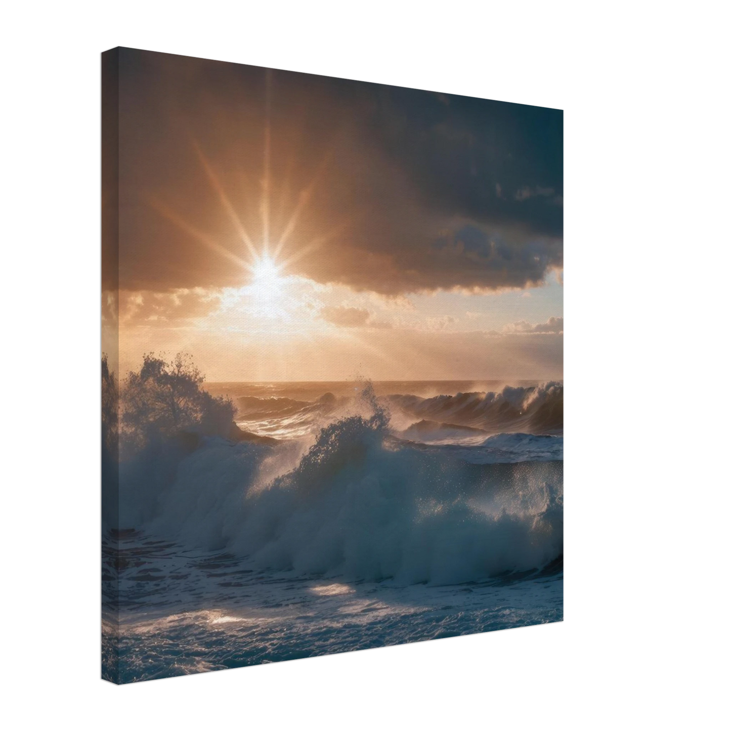 Wandbild dramatischer sonnenuntergang ueber stuermischen wellen ozean leinwanddruck in ihrer wunschgroesse