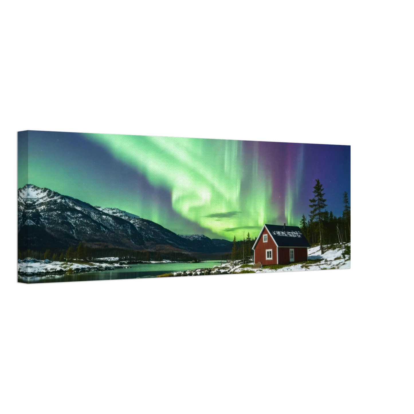Wandbild nordlichter gemuetliche huette majestaetisches kunstwerk in lebendigen gruentoenen