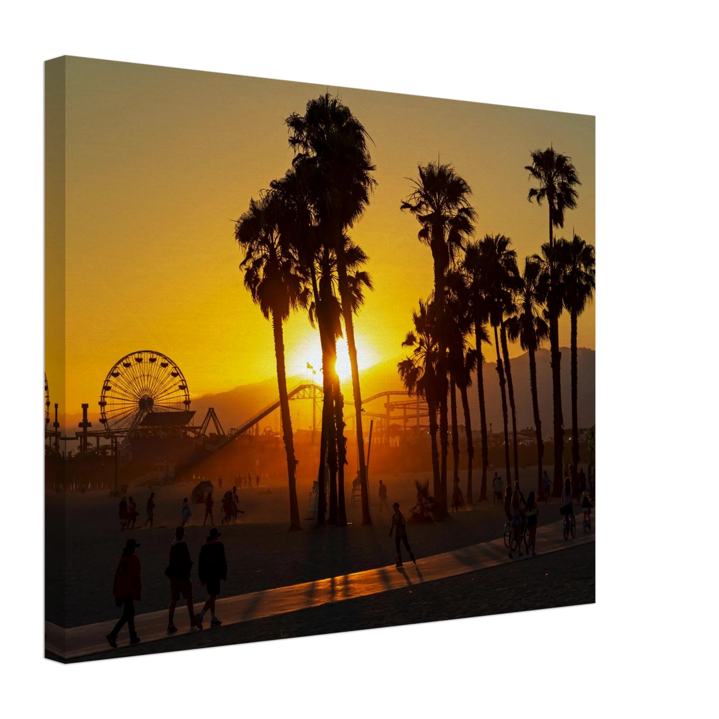 Wandbild sonnenuntergang am santa monica pier kalifornische palmen und riesenrad bei goldenem licht