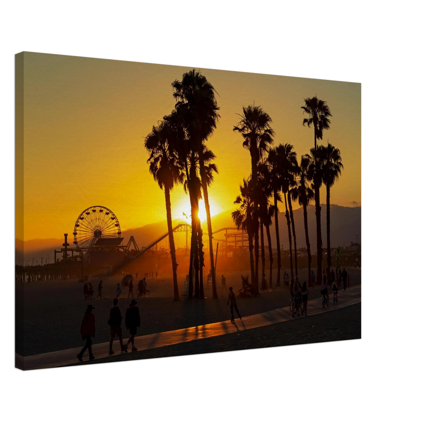 Wandbild sonnenuntergang am santa monica pier kalifornische palmen und riesenrad bei goldenem licht