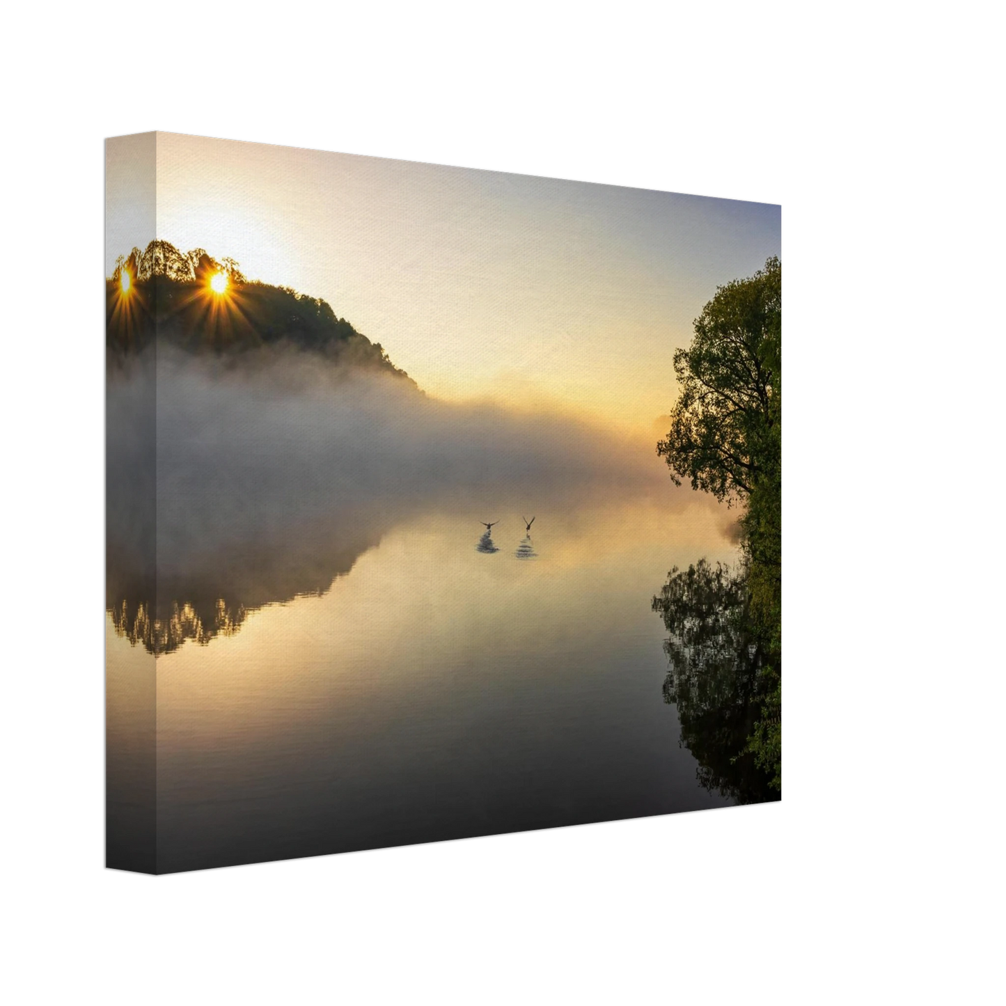 Wandbild mystischer sonnenaufgang ueber dem nebelmeer stille wasser voegel leinwandbild fuer ihr zuhause