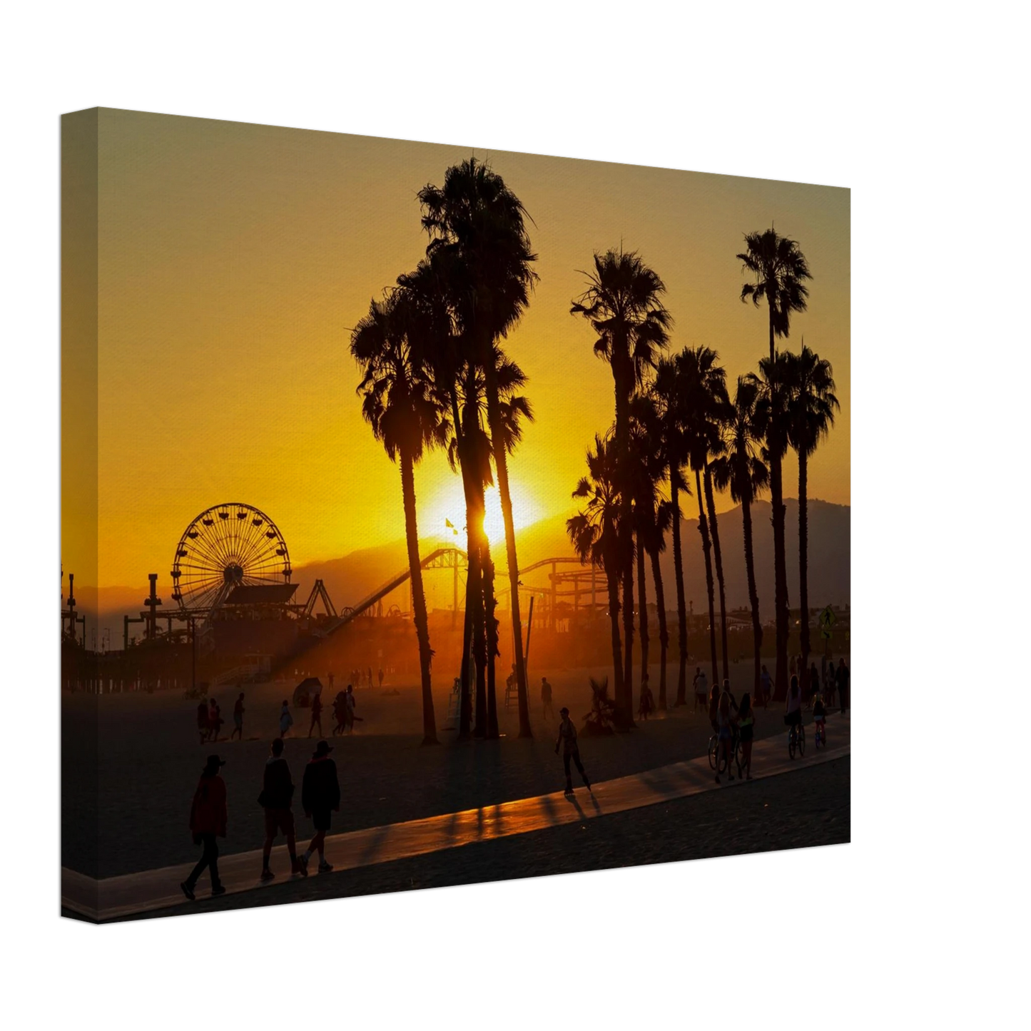 Wandbild sonnenuntergang am santa monica pier kalifornische palmen und riesenrad bei goldenem licht