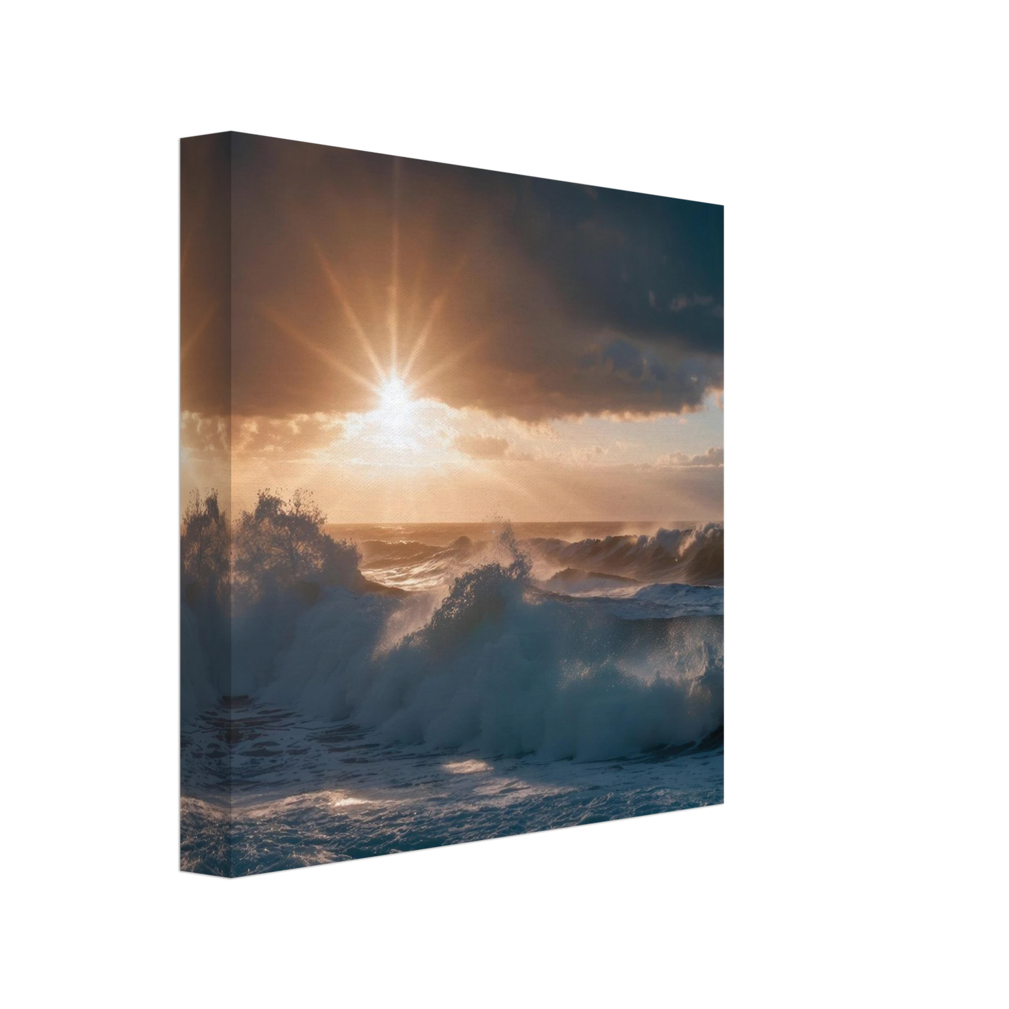 Wandbild dramatischer sonnenuntergang ueber stuermischen wellen ozean leinwanddruck in ihrer wunschgroesse