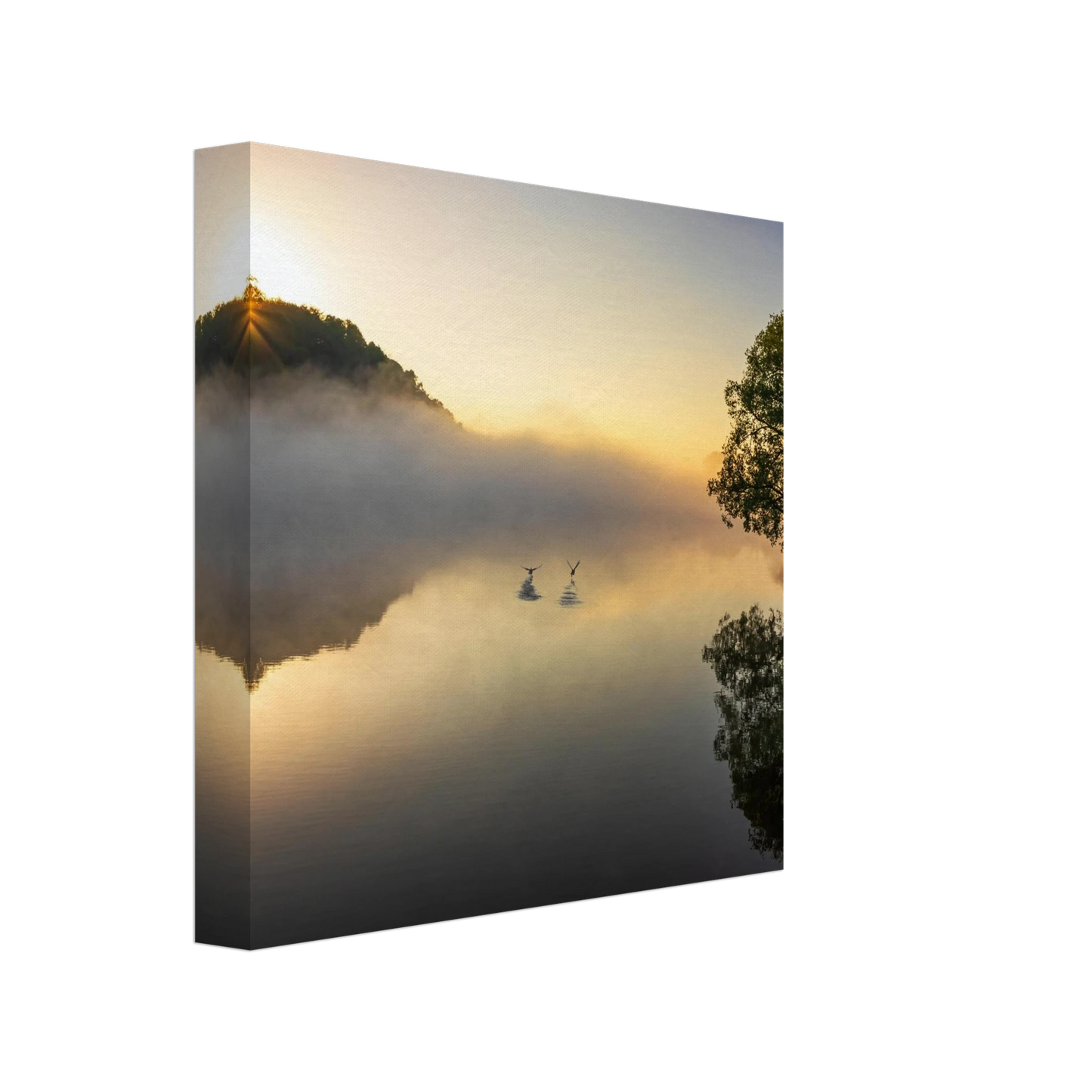 Wandbild mystischer sonnenaufgang ueber dem nebelmeer stille wasser voegel leinwandbild fuer ihr zuhause