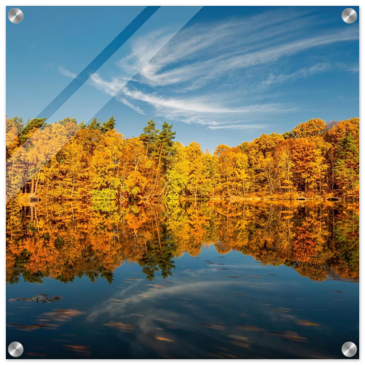 Wandbild herbstliche see symphonie atemberaubende waldspiegelung an einem sonnigen herbsttag