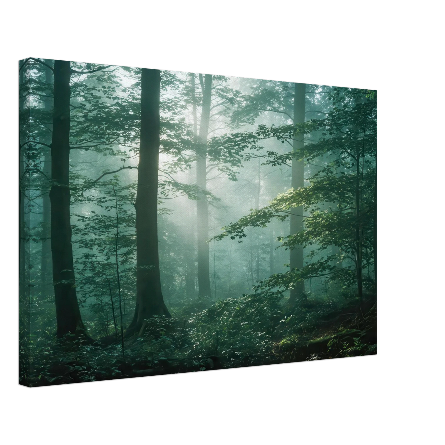 Wandbild mystischer smaragd wald mit sonnenstrahlen beruhigende nebelwald kunst in ihrer wunschgroesse