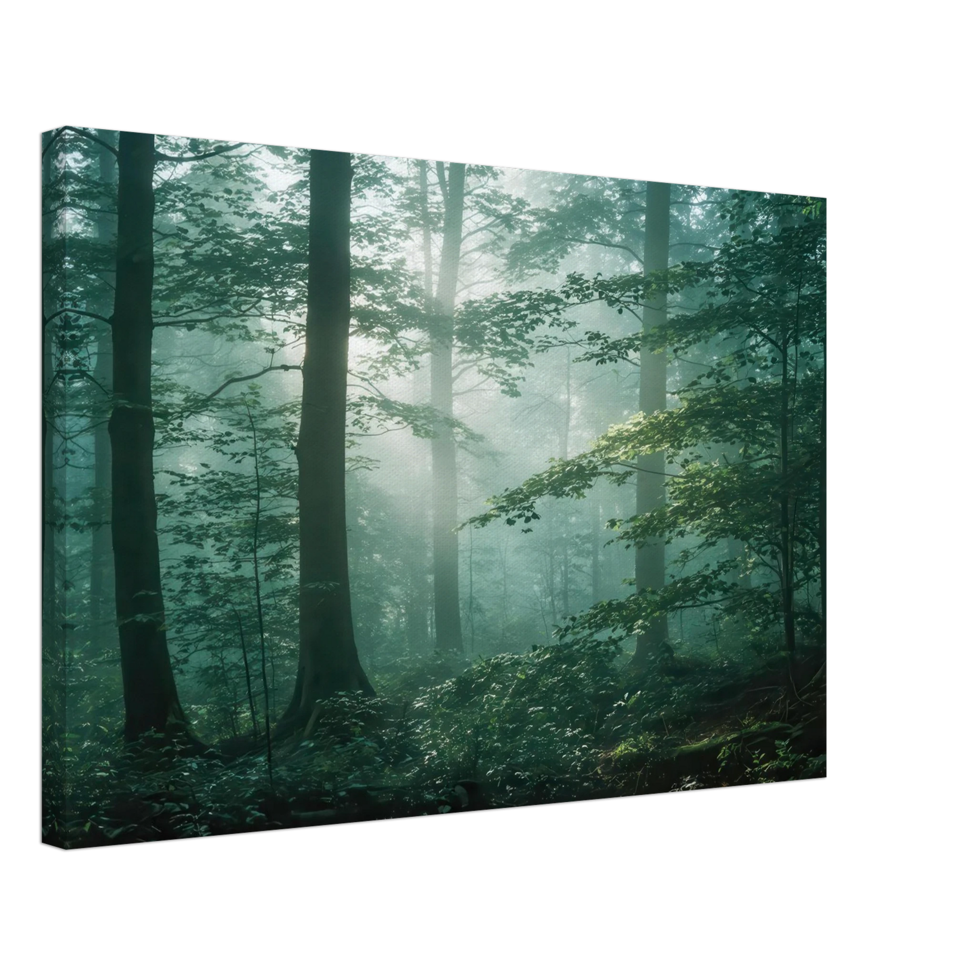 Wandbild mystischer smaragd wald mit sonnenstrahlen beruhigende nebelwald kunst in ihrer wunschgroesse