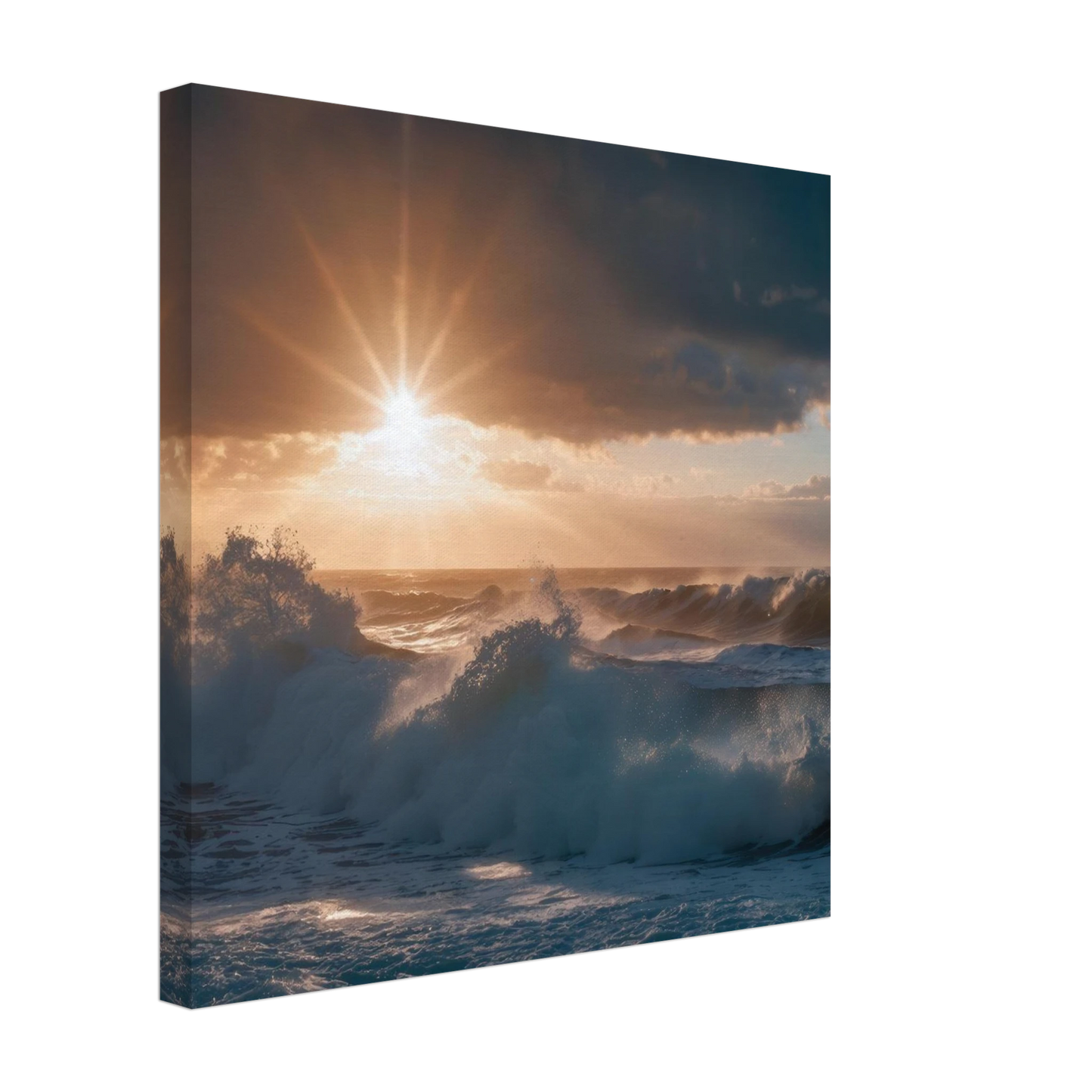 Wandbild dramatischer sonnenuntergang ueber stuermischen wellen ozean leinwanddruck in ihrer wunschgroesse