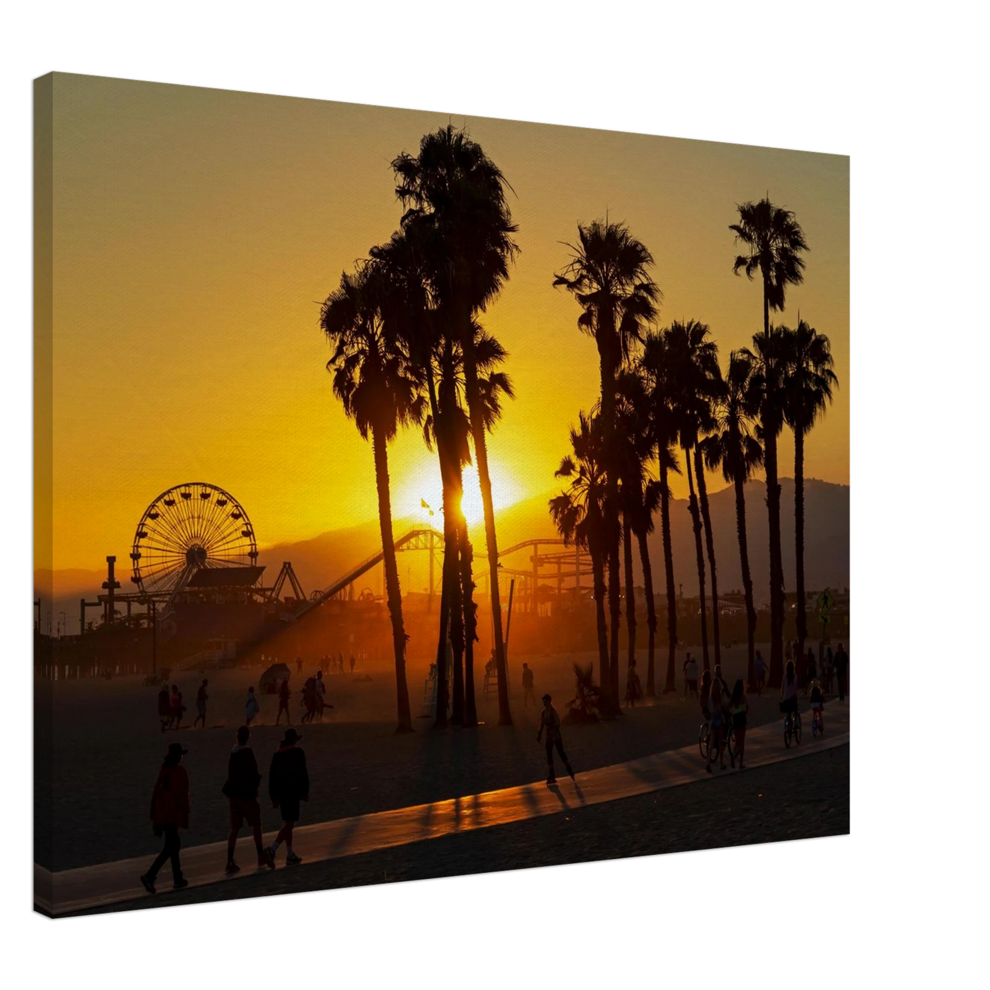 Wandbild sonnenuntergang am santa monica pier kalifornische palmen und riesenrad bei goldenem licht