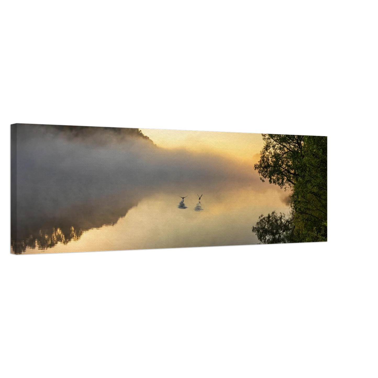 Wandbild mystischer sonnenaufgang ueber dem nebelmeer stille wasser voegel leinwandbild fuer ihr zuhause