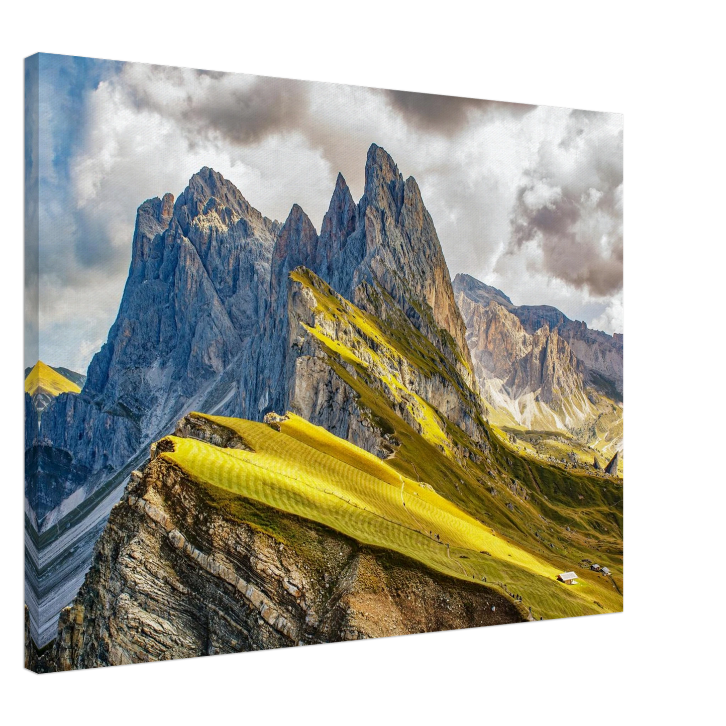 Wandbild seceda alpenglanz atemberaubende dolomiten landschaft mit leuchtenden grashaengen