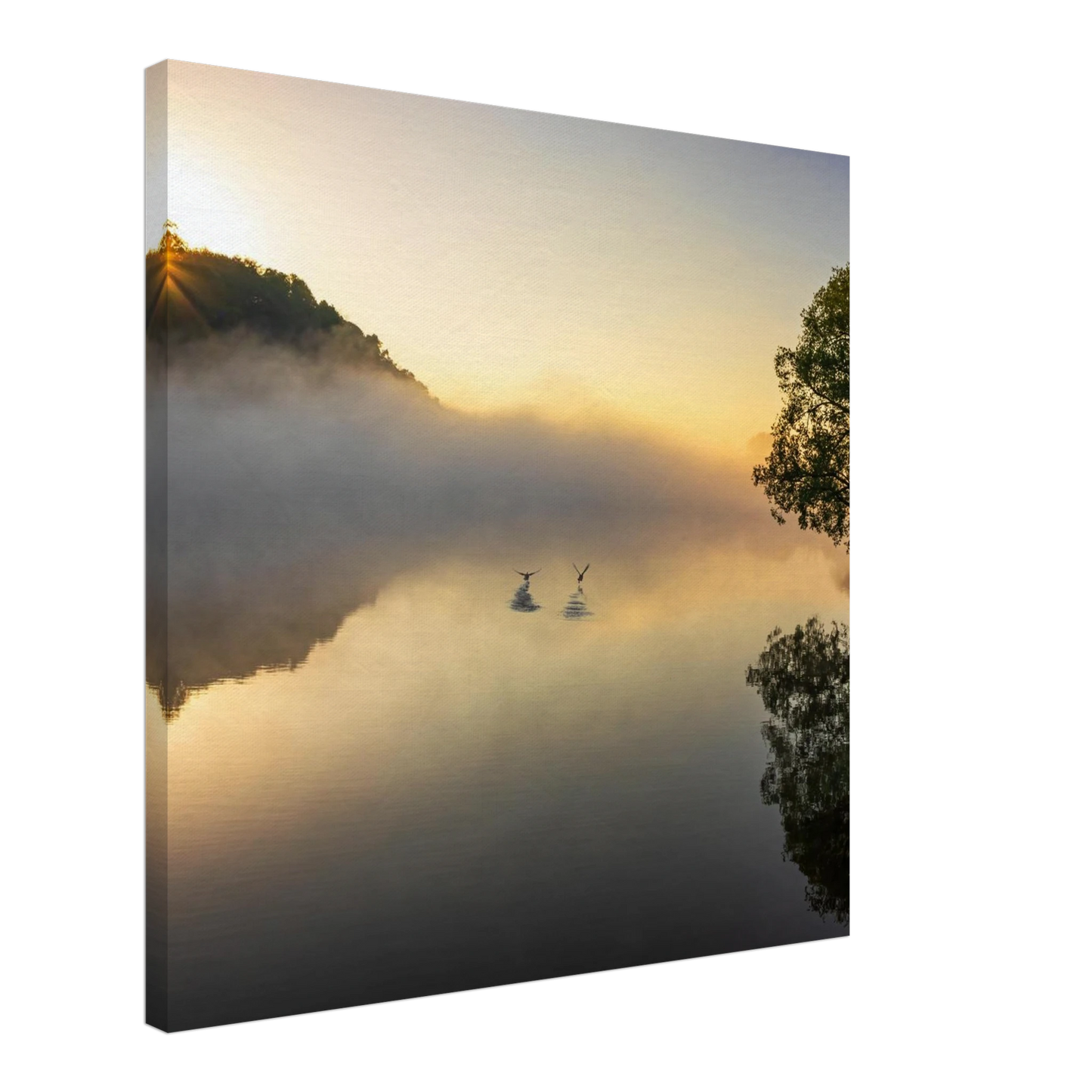 Wandbild mystischer sonnenaufgang ueber dem nebelmeer stille wasser voegel leinwandbild fuer ihr zuhause