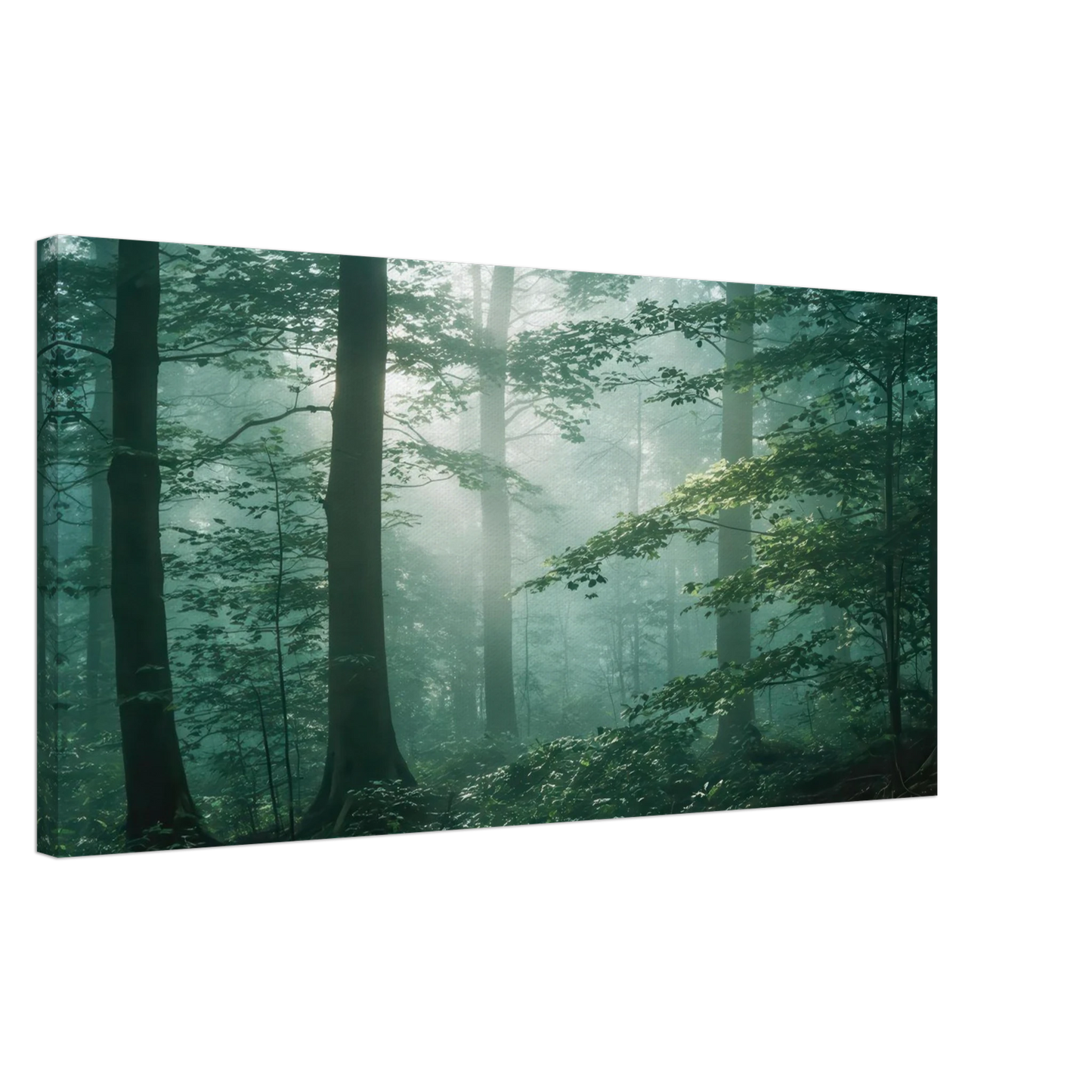 Wandbild mystischer smaragd wald mit sonnenstrahlen beruhigende nebelwald kunst in ihrer wunschgroesse