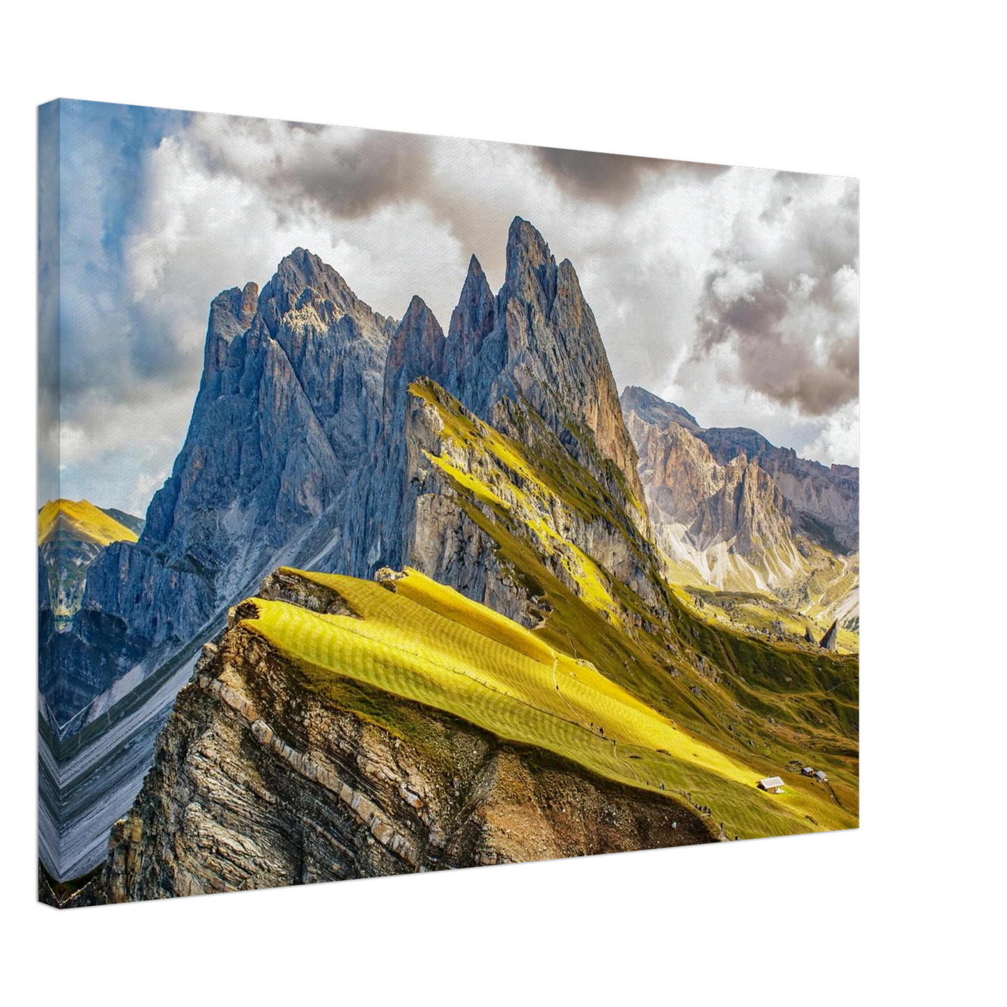 Wandbild seceda alpenglanz atemberaubende dolomiten landschaft mit leuchtenden grashaengen