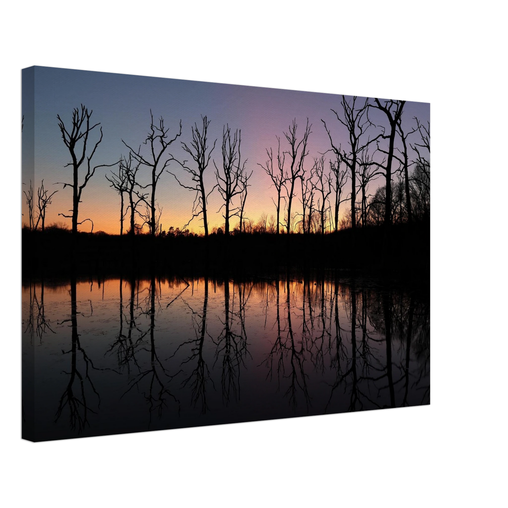 Wandbild sonnenuntergang ueber spiegelndem see magische naturlandschaft mit silhouetten