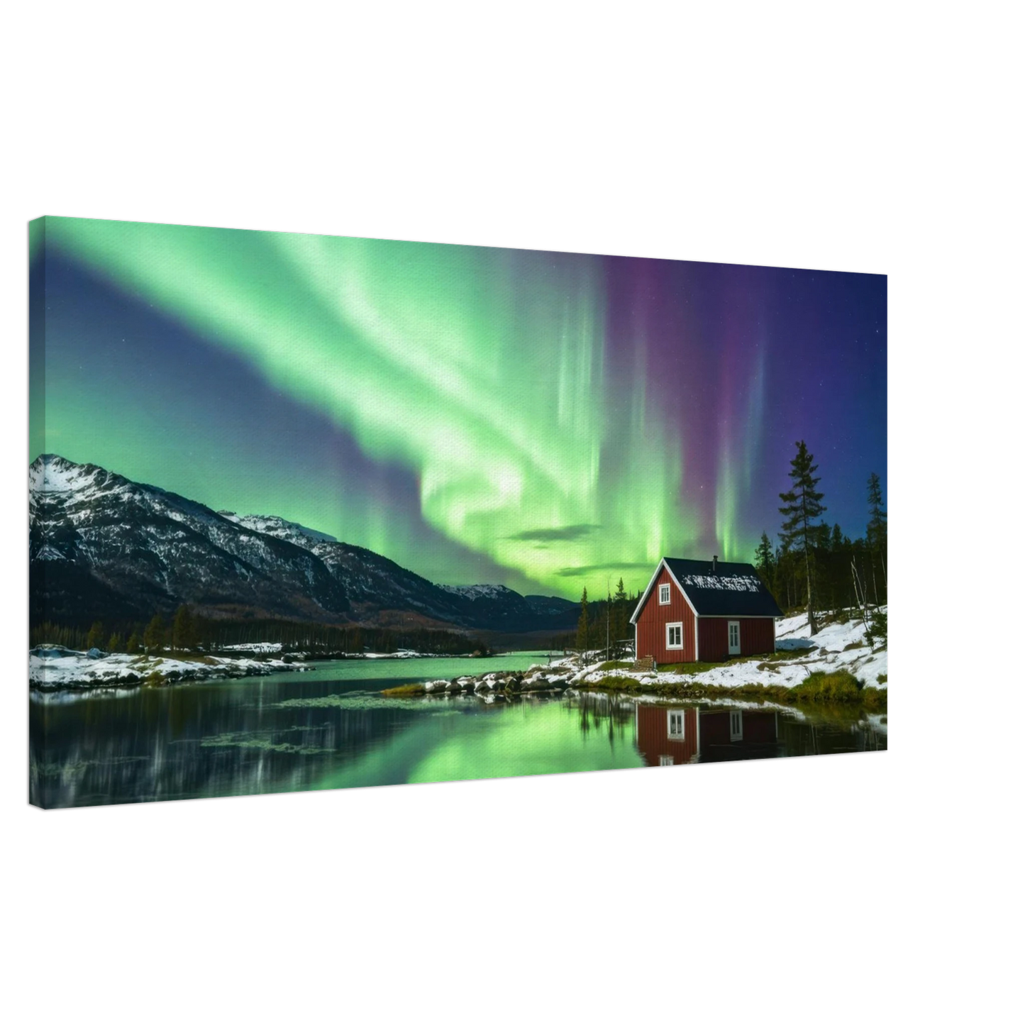 Wandbild nordlichter gemuetliche huette majestaetisches kunstwerk in lebendigen gruentoenen