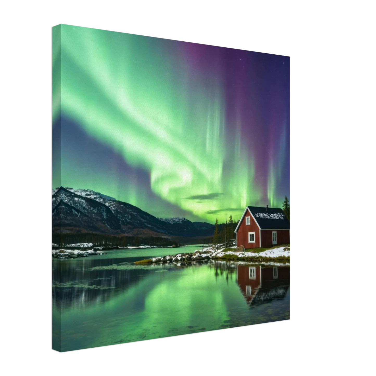 Wandbild nordlichter gemuetliche huette majestaetisches kunstwerk in lebendigen gruentoenen