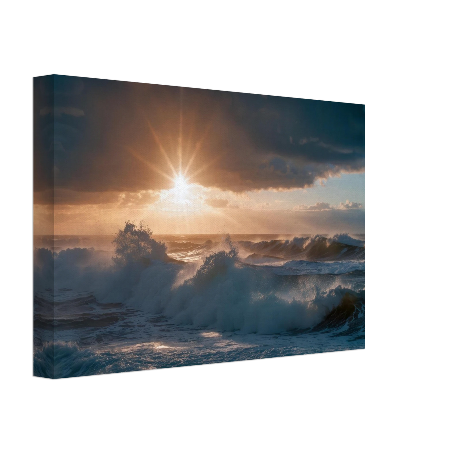 Wandbild dramatischer sonnenuntergang ueber stuermischen wellen ozean leinwanddruck in ihrer wunschgroesse