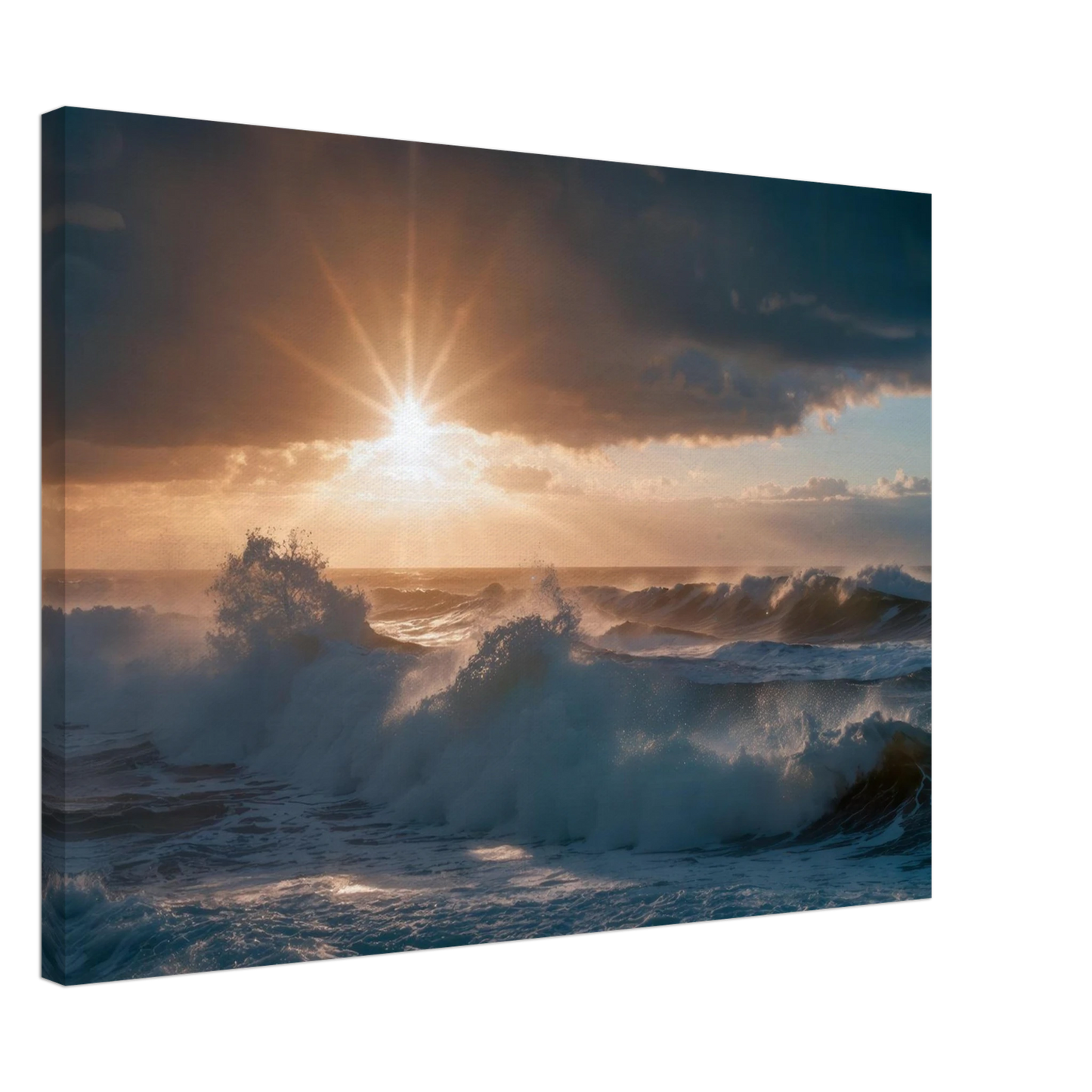 Wandbild dramatischer sonnenuntergang ueber stuermischen wellen ozean leinwanddruck in ihrer wunschgroesse