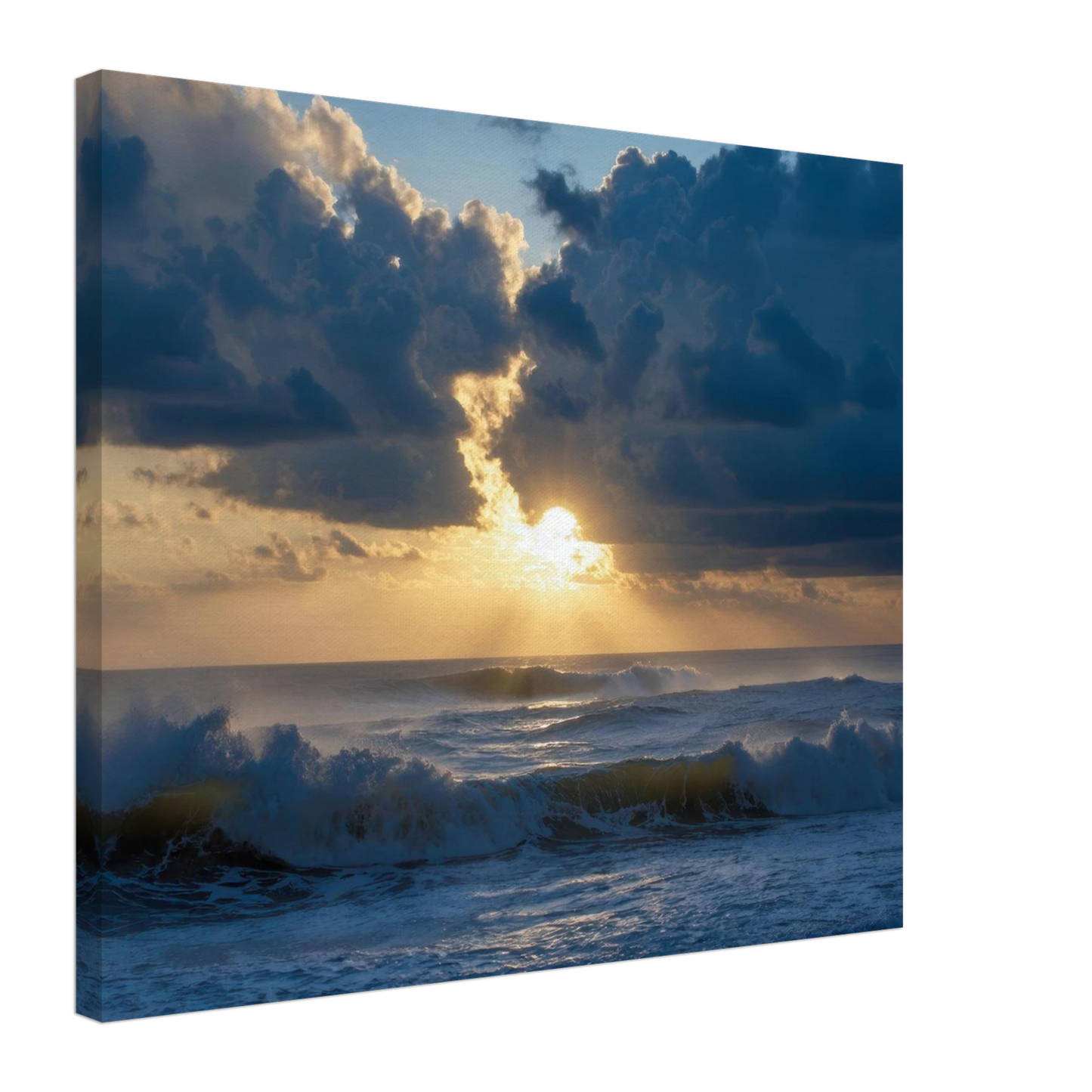 Wandbild dramatischer sonnenuntergang ueber stuermischer see lebendige wolken goldstrahlen fuer ihre wand