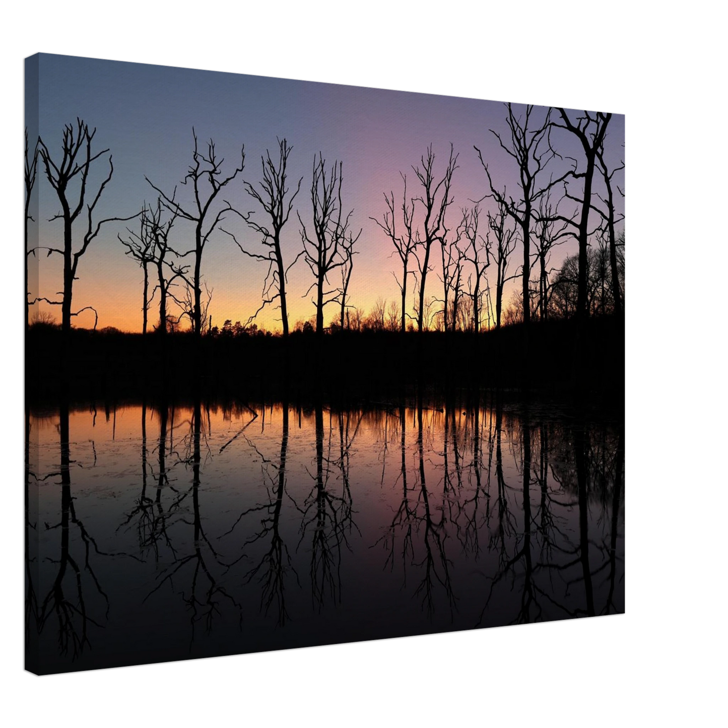 Wandbild sonnenuntergang ueber spiegelndem see magische naturlandschaft mit silhouetten