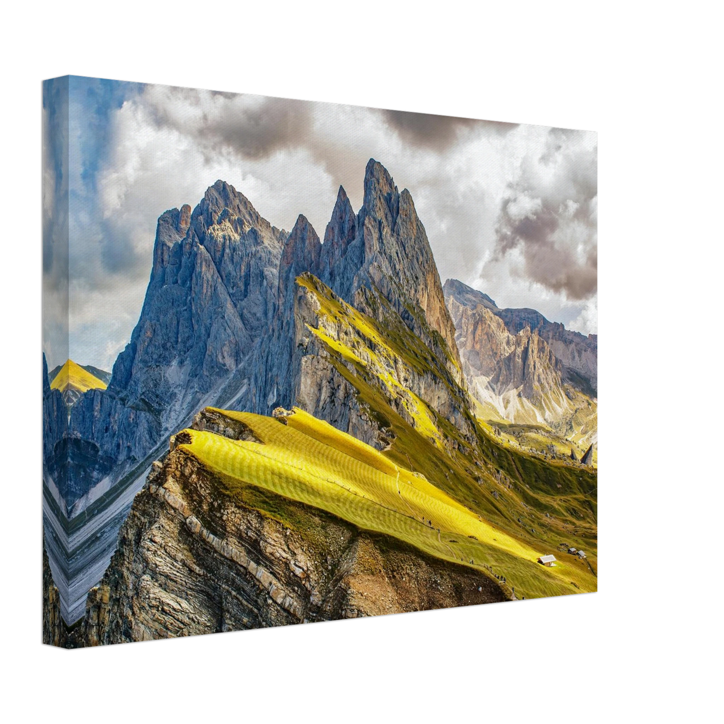 Wandbild seceda alpenglanz atemberaubende dolomiten landschaft mit leuchtenden grashaengen