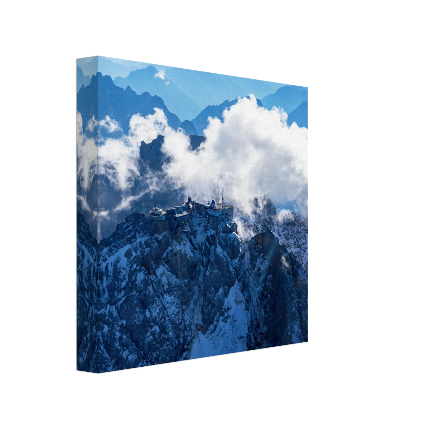 Wandbild alpine majesty gipfelstation im wolkenmeer mit blauen bergsilhouetten