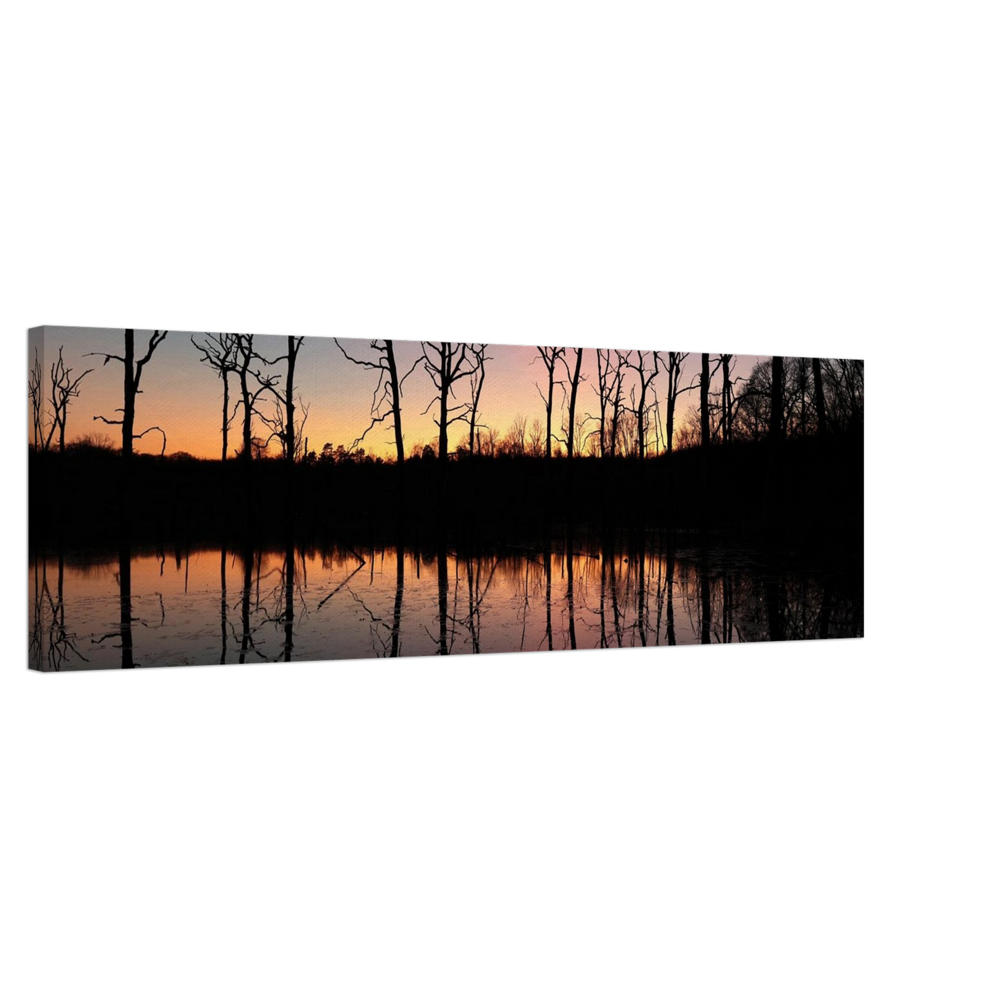 Wandbild sonnenuntergang ueber spiegelndem see magische naturlandschaft mit silhouetten