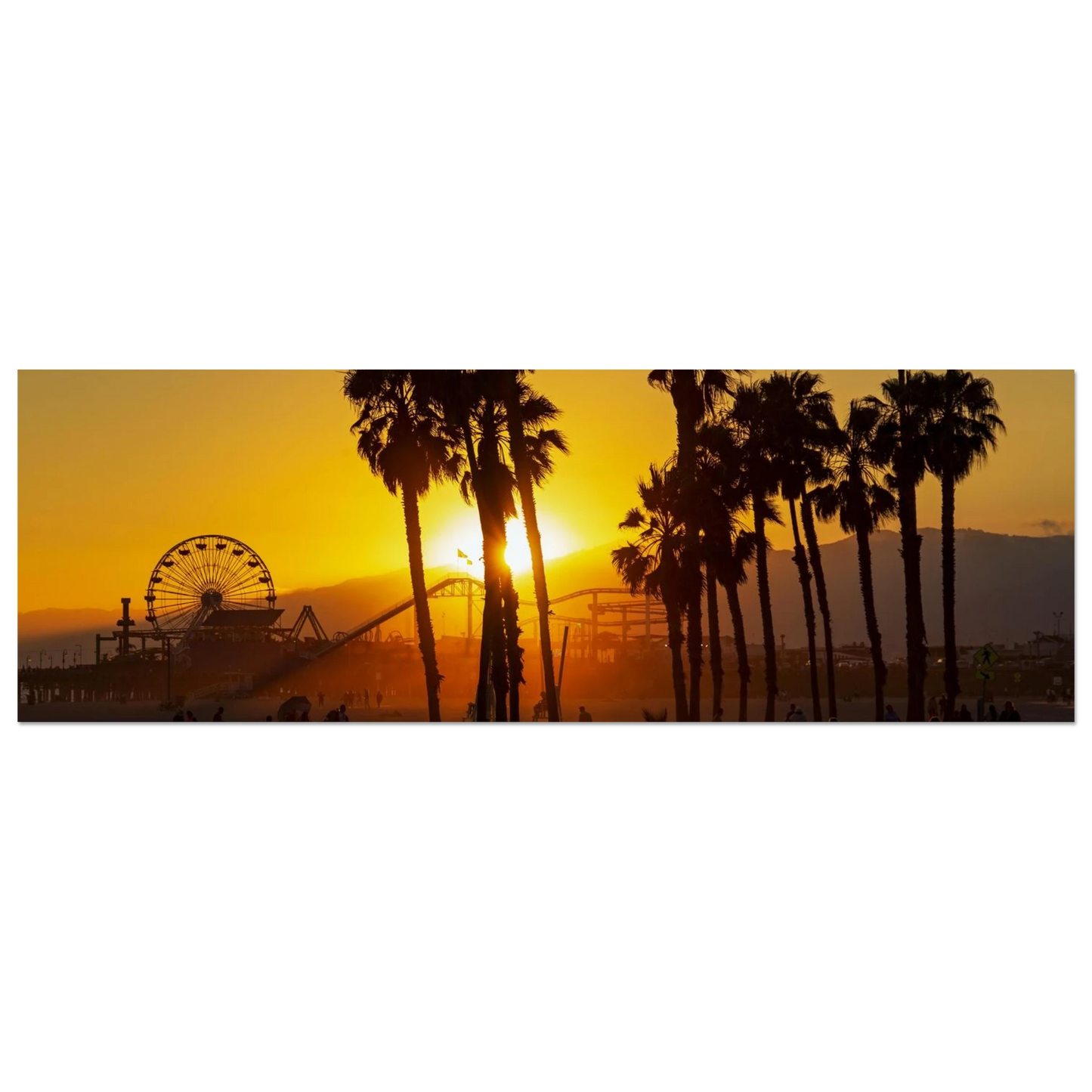 Wandbild sonnenuntergang am santa monica pier kalifornische palmen und riesenrad bei goldenem licht