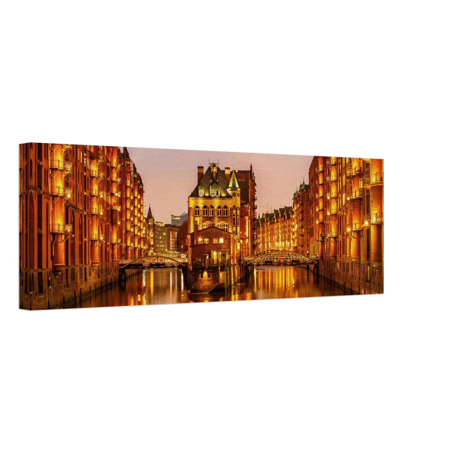 Wandbild speicherstadt hamburg bei daemmerung atmosphaerisches stadtbild als kunstdruck in ihrer wunschgroesse