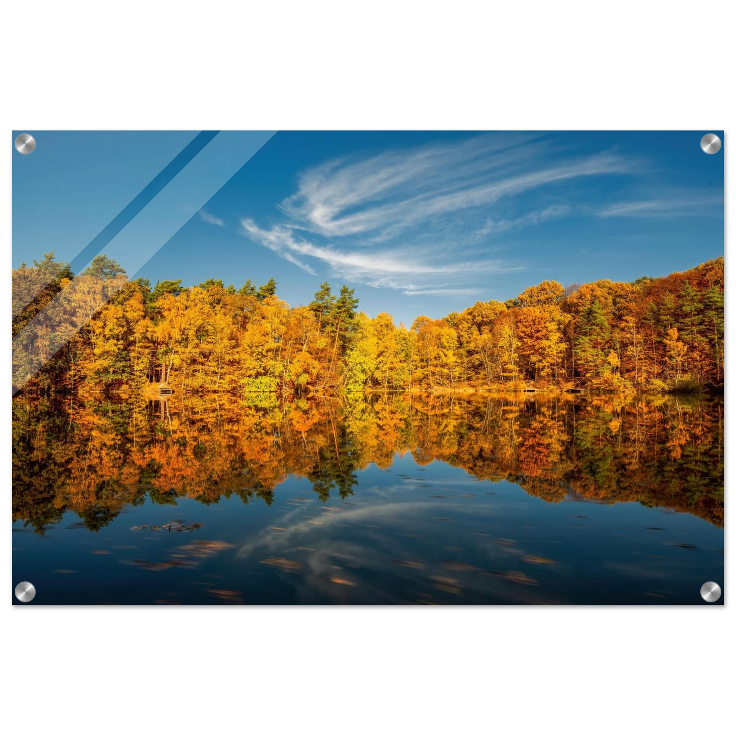 Wandbild herbstliche see symphonie atemberaubende waldspiegelung an einem sonnigen herbsttag
