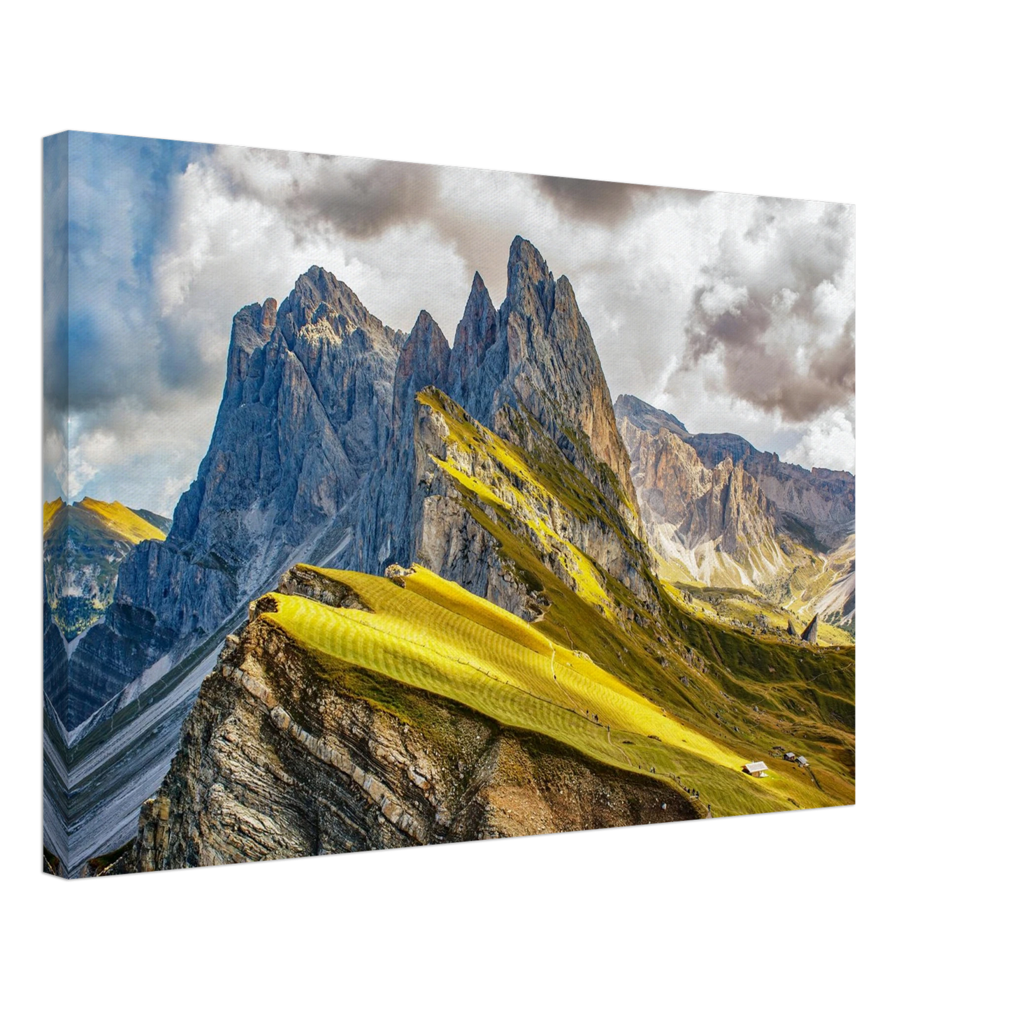 Wandbild seceda alpenglanz atemberaubende dolomiten landschaft mit leuchtenden grashaengen