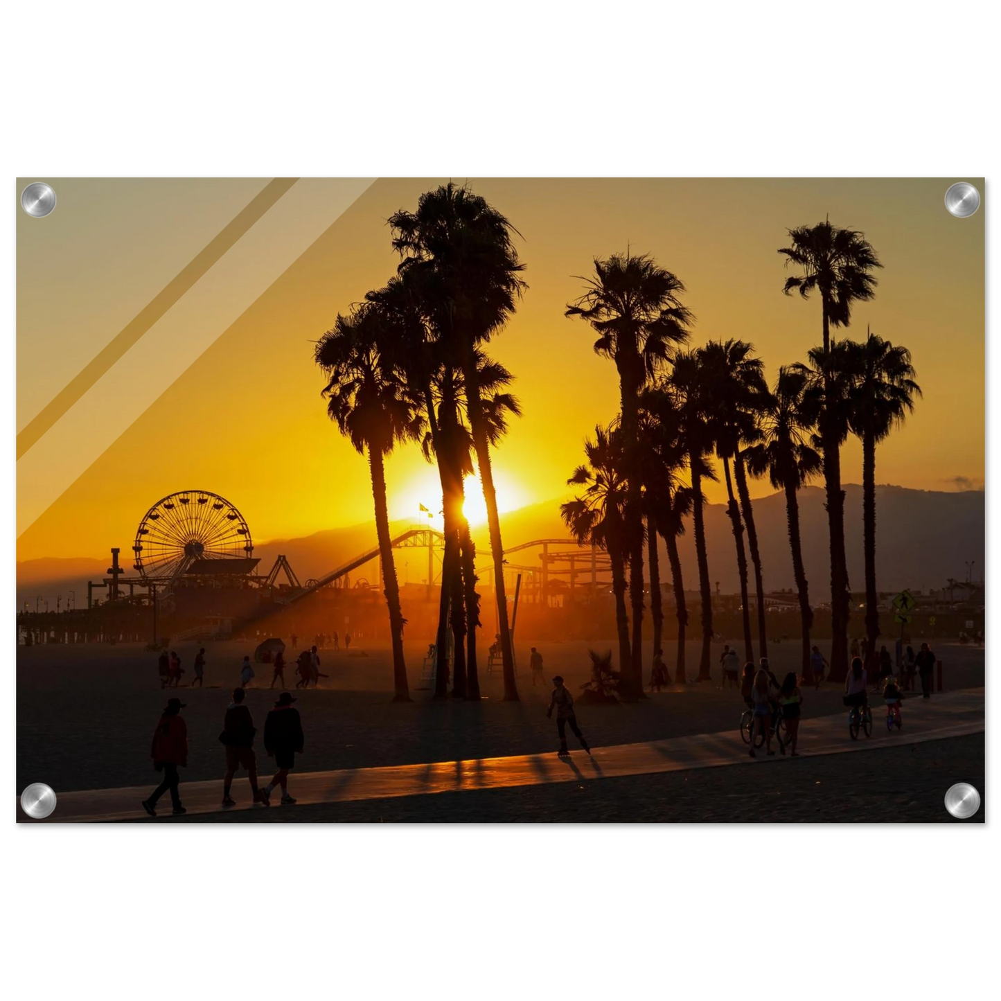 Wandbild sonnenuntergang am santa monica pier kalifornische palmen und riesenrad bei goldenem licht