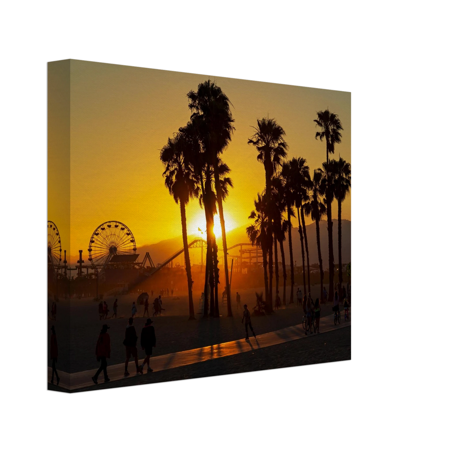 Wandbild sonnenuntergang am santa monica pier kalifornische palmen und riesenrad bei goldenem licht