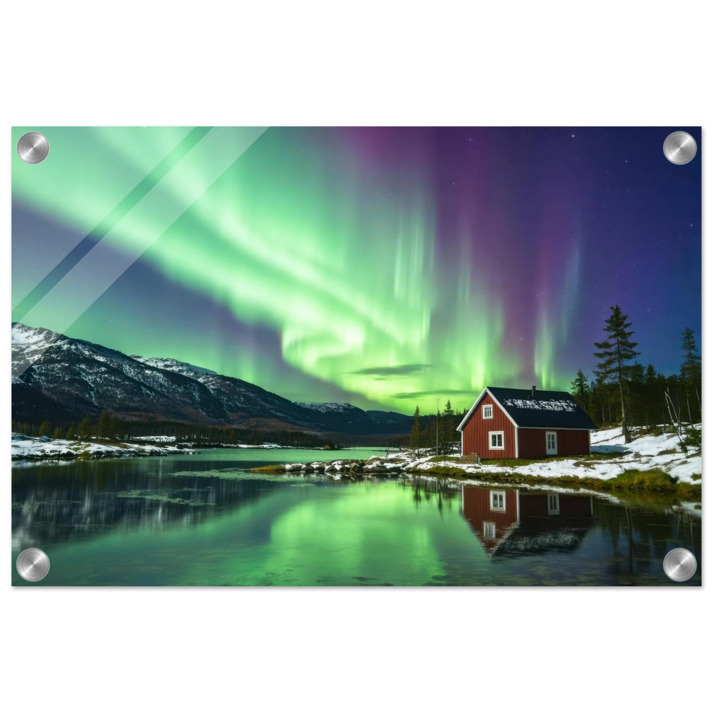 Wandbild nordlichter gemuetliche huette majestaetisches kunstwerk in lebendigen gruentoenen