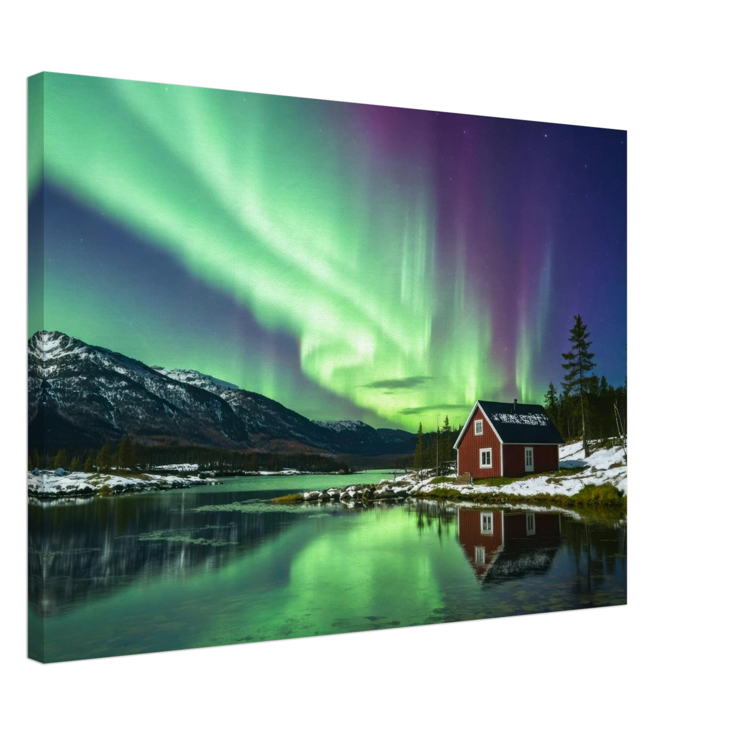Wandbild nordlichter gemuetliche huette majestaetisches kunstwerk in lebendigen gruentoenen
